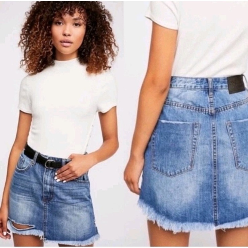 One Teaspoon Free People Denim Skirt‎ Distressed Womens 24 Salty Sailor